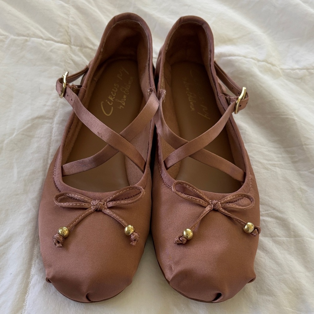 Circus by Sam Edelman Zuri Rose Taupe Satin Ballet Flats with Ankle Straps.